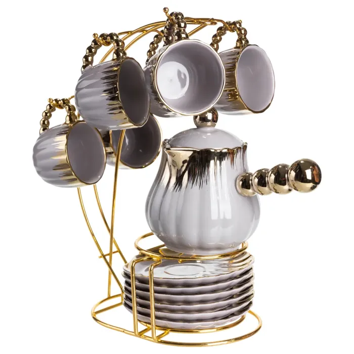 Кавовий сервіз на підставці з туркою 450 (мл) 6 чашок по 90 (мл) подарунковий набір чашок на підставці Сірий із золотом FM-JJ-4 (FM-JJ-4) - зображення 7