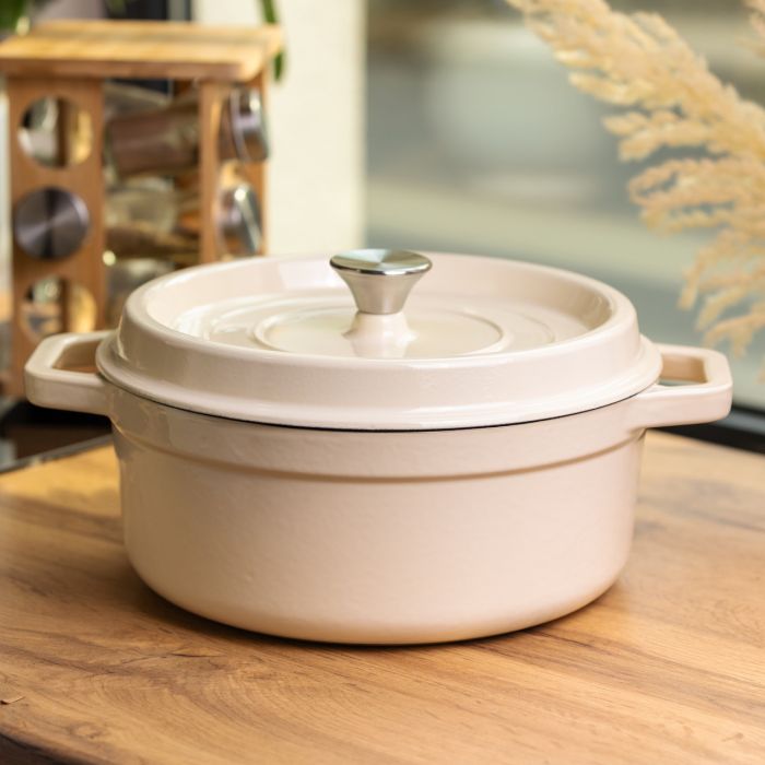 Кокотниця чавунна емальована 5,5 л, бежевий Yiwu HP-FLG-5 WHITE (HP-FLG-5 WHITE) - изображение 2