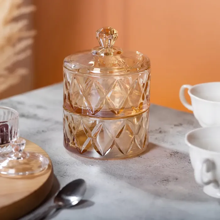 Конфета стеклянная с крышкой двухуровневая 10 см ваза конфетница коричневая (HP-YH-81) - изображение 5