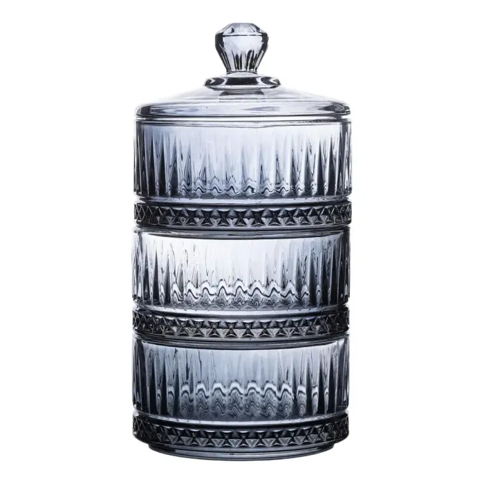 Конфета трехуровневая стеклянная с крышкой 10 см Серая (HP-YH-76) - изображение 1