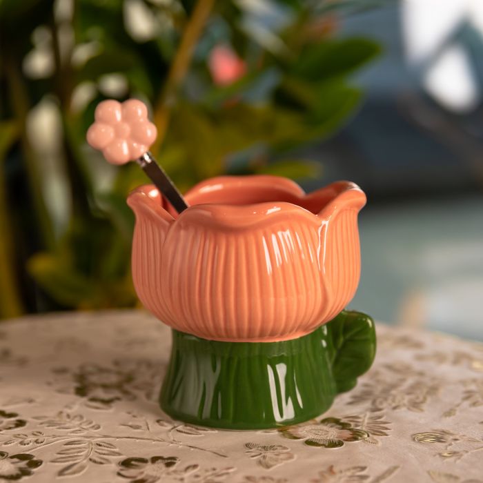 Креманка порцелянова з ложкою у формі квітки 300 (мл) креманка для десертів, морозива та желе Зелений з рожевим FM-42GR (FM-42GR) - изображение 1