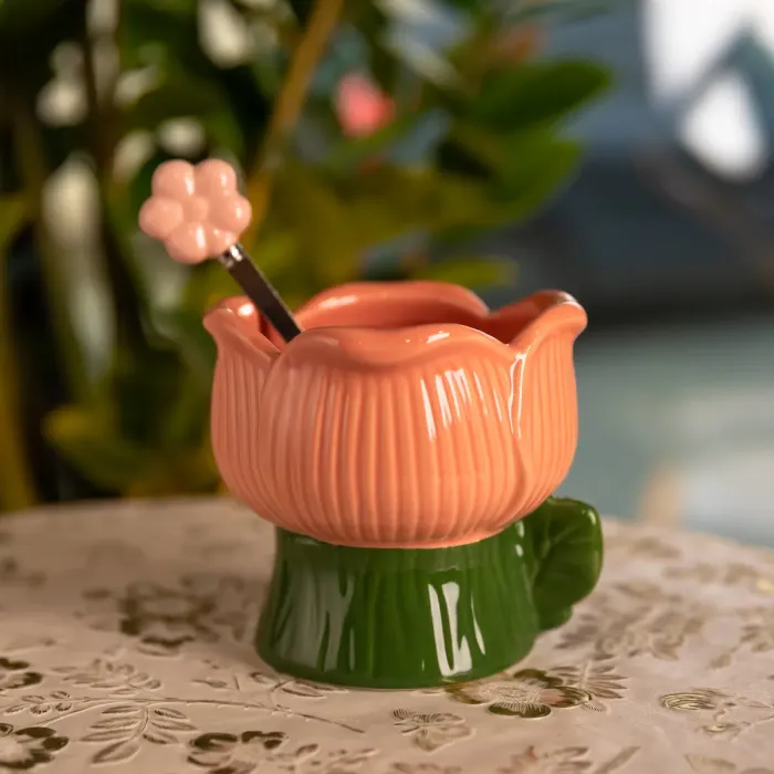 Креманка порцелянова з ложкою у формі квітки 300 (мл) креманка для десертів, морозива та желе Зелений з рожевим FM-42GR (FM-42GR) - зображення 1