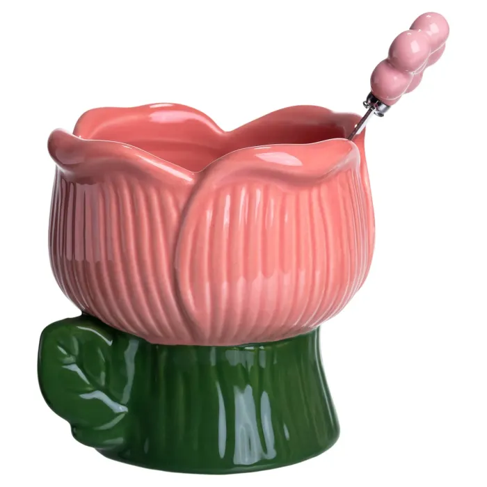 Креманка порцелянова з ложкою у формі квітки 300 (мл) креманка для десертів, морозива та желе Зелений з рожевим FM-42GR (FM-42GR) - зображення 2