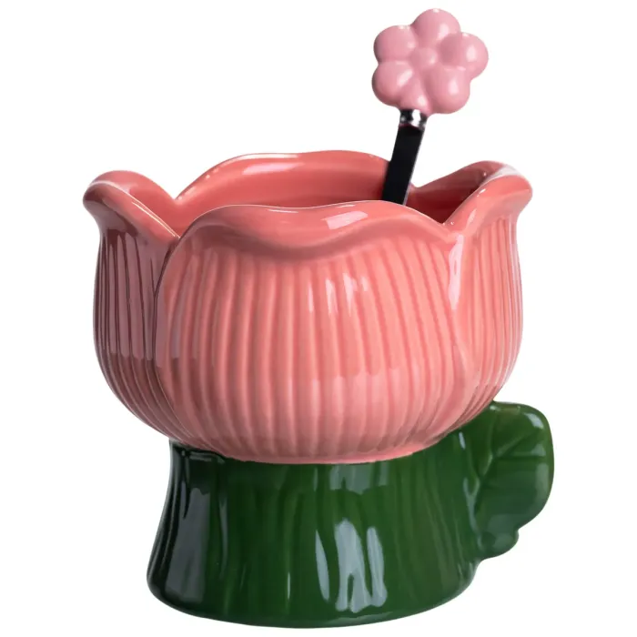 Креманка порцелянова з ложкою у формі квітки 300 (мл) креманка для десертів, морозива та желе Зелений з рожевим FM-42GR (FM-42GR) - зображення 3