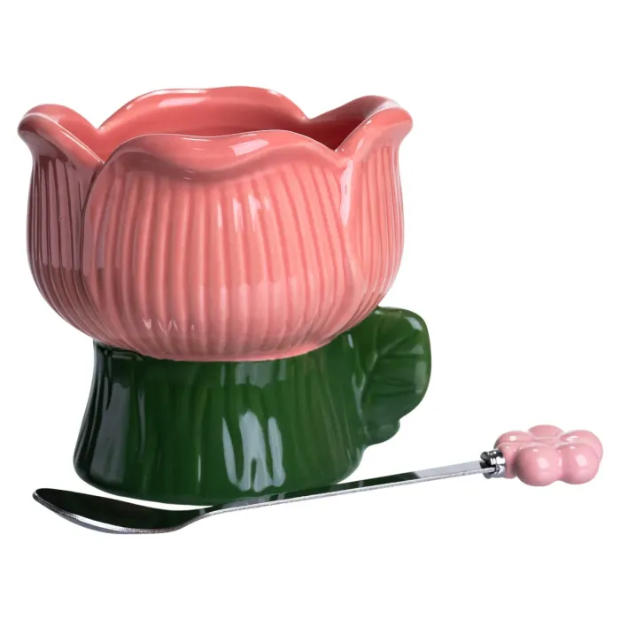Креманка порцелянова з ложкою у формі квітки 300 (мл) креманка для десертів, морозива та желе Зелений з рожевим FM-42GR (FM-42GR) - зображення 4