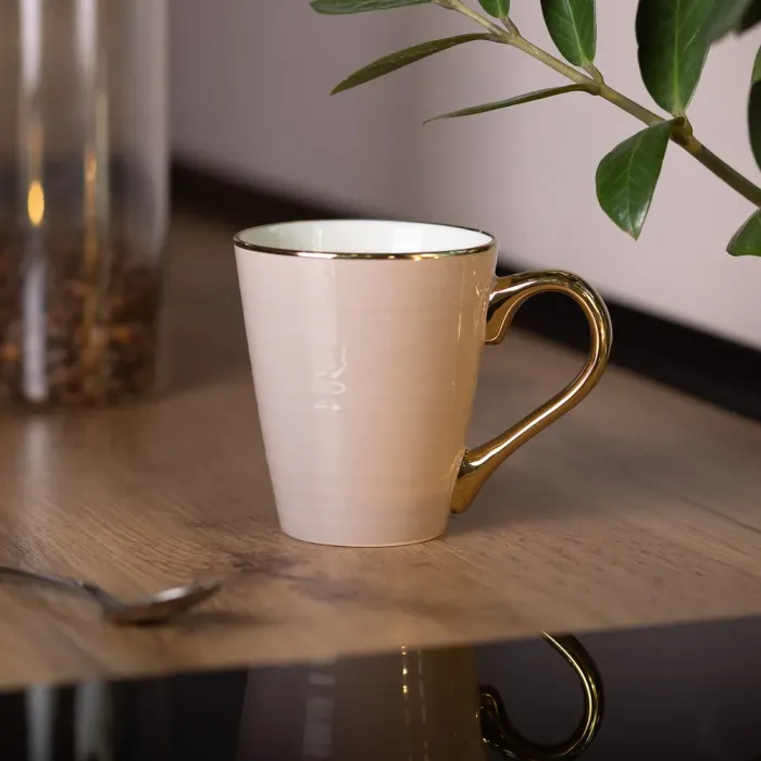 Кружка керамічна із золотим обідком та позолоченою ручкою 320 (мл) Кремова (RX-N240624CR) - зображення 4