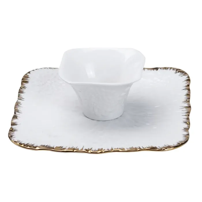 Квадратная керамическая тарелка 25.525.5 см. блюдо плоское для закусок белое с золотым ободком. (HP1008) - изображение 2