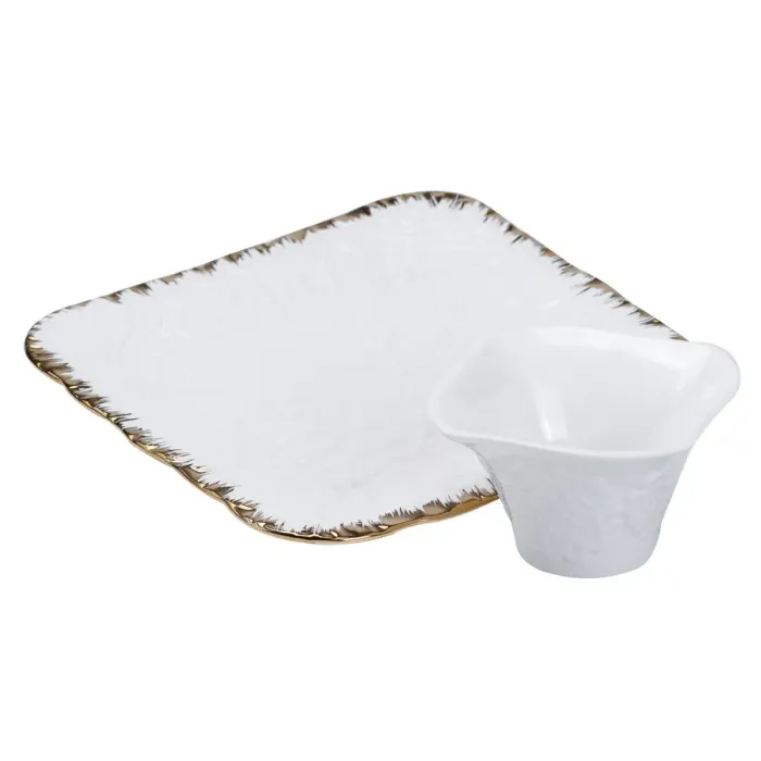 Квадратная керамическая тарелка 25.525.5 см. блюдо плоское для закусок белое с золотым ободком. (HP1008) - изображение 3