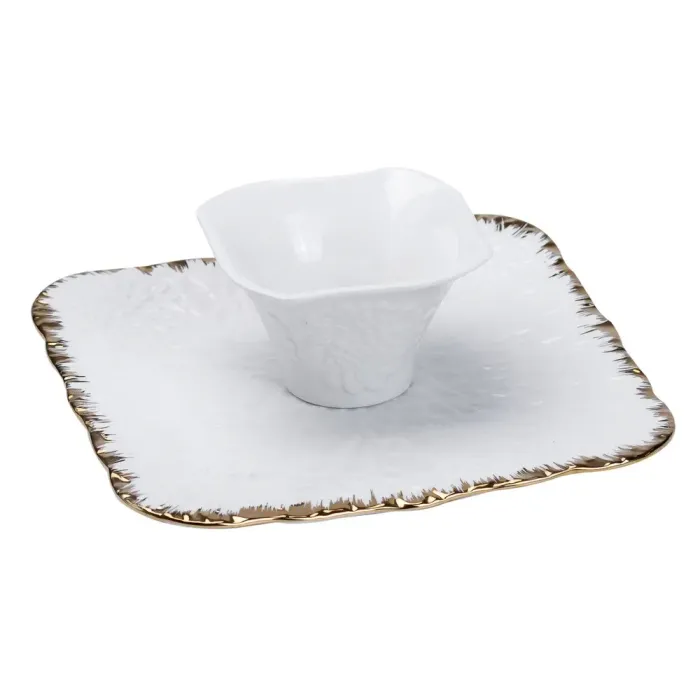 Квадратная керамическая тарелка 25.525.5 см. блюдо плоское для закусок белое с золотым ободком. (HP1008) - изображение 4