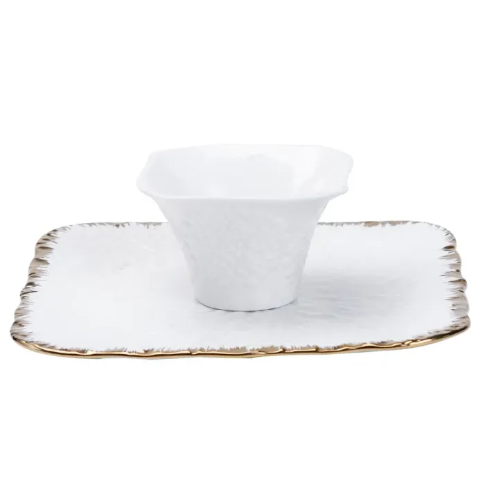 Квадратная керамическая тарелка 25.525.5 см. блюдо плоское для закусок белое с золотым ободком. (HP1008) - изображение 5