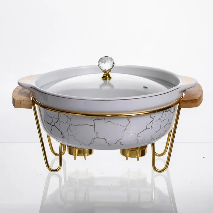 Марміт порцеляновий настільний круглий 1.3 (л) з підігрівом Білий мармур LC-711 (LC-711) - зображення 1