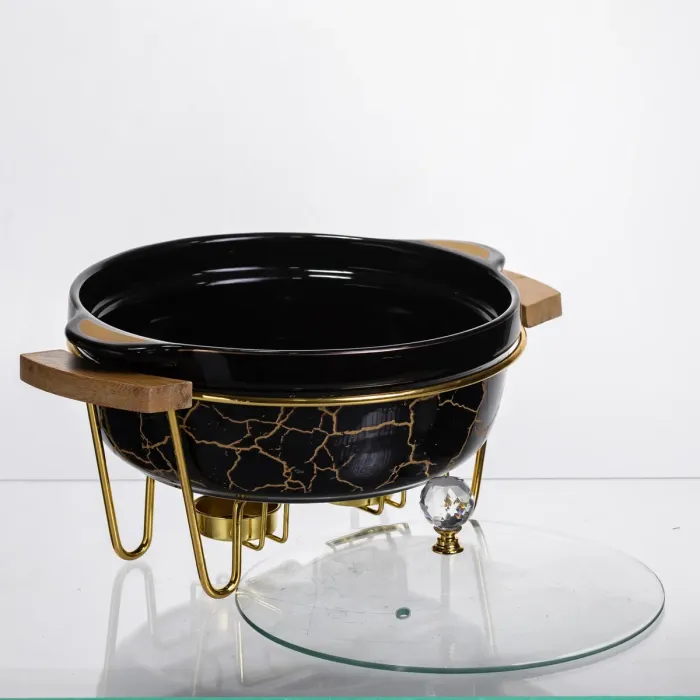 Марміт порцеляновий настільний круглий 1.3 (л) мармітниця з підігрівом Чорний мармур LC-717 (LC-717) - зображення 3