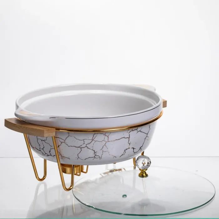 Марміт порцеляновий настільний круглий 2 (л) з підігрівом Білий мармур LC-712 (LC-712) - зображення 3