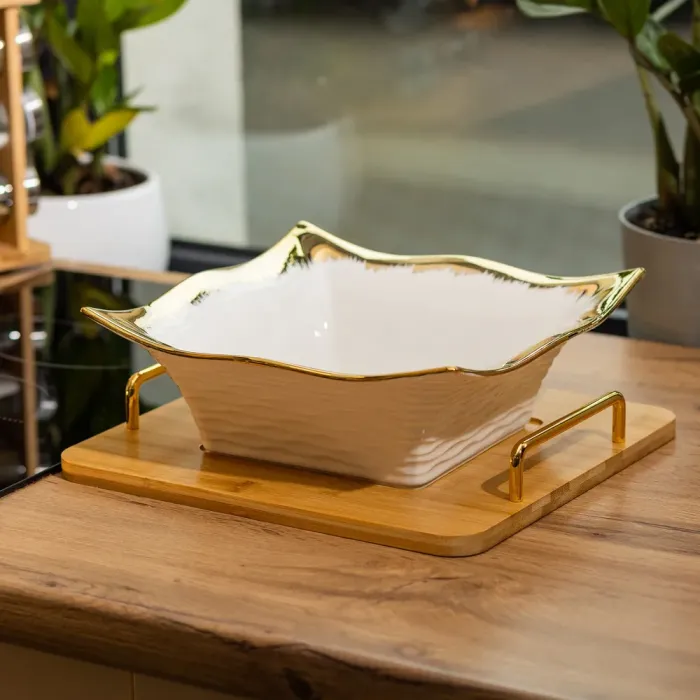 Блюдо керамічне 29.5х27.5х10 см на бамбуковій підставці LX-10B (LX-10B) - зображення 5