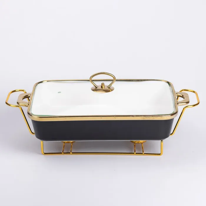 Марміт керамічний із скляною кришкою 40х22.5х15.5 см на металевій підставці 2 л Чорний (HTJ-1003) - зображення 1