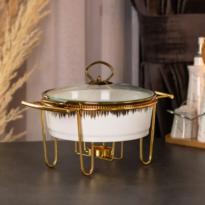 Мармит круглый 1,5 литра настольный с подогревом для блюд керамический на металлической подставке с крышкой. (HP1035) - изображение 1