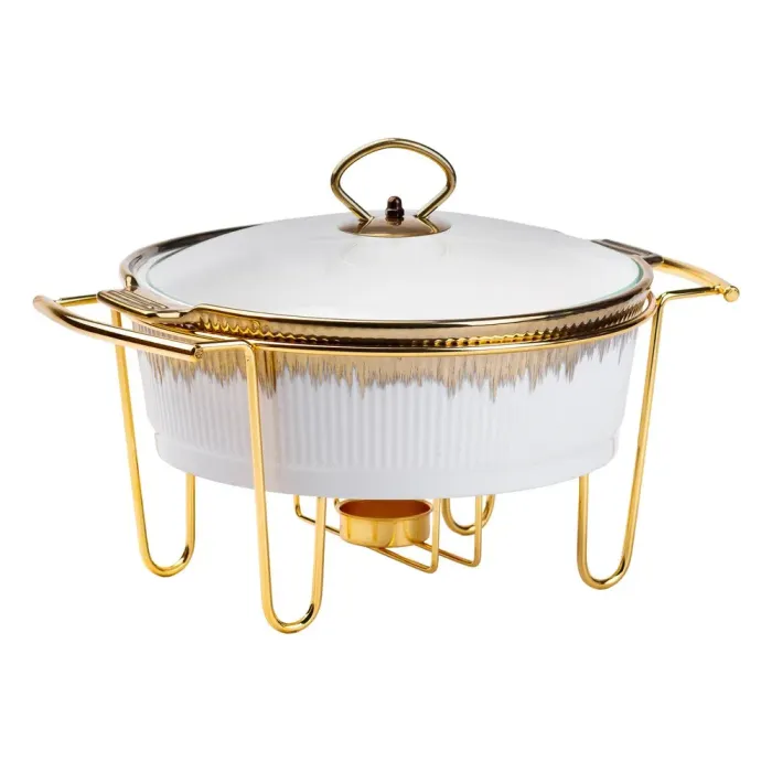 Мармит круглый 1,5 литра настольный с подогревом для блюд керамический на металлической подставке с крышкой. (HP1035) - изображение 2