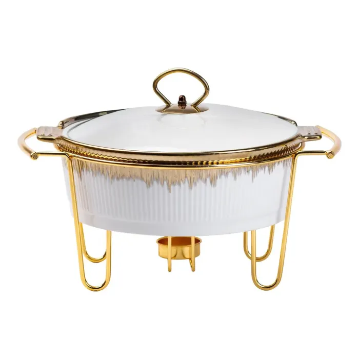 Мармит круглый 1,5 литра настольный с подогревом для блюд керамический на металлической подставке с крышкой. (HP1035) - изображение 4