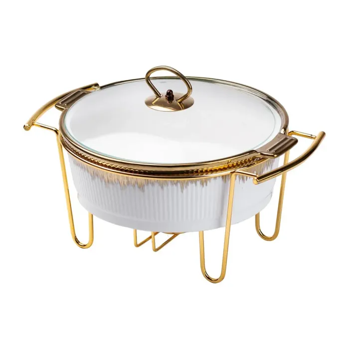 Мармит круглый 1,5 литра настольный с подогревом для блюд керамический на металлической подставке с крышкой. (HP1035) - изображение 5