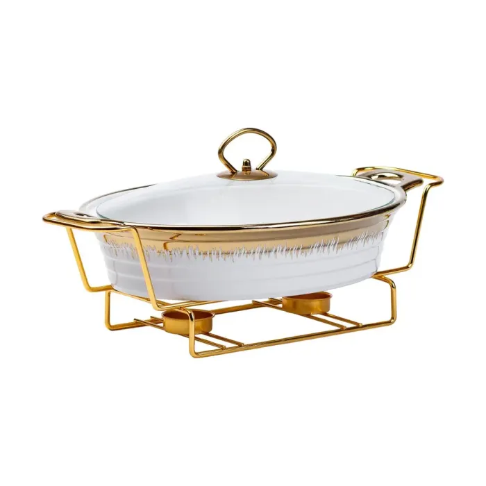 Настольный овальный мармит 1.5 литра настольный с подогревом для 1 и 2 блюд керамический на подставке (HP1026) - изображение 3