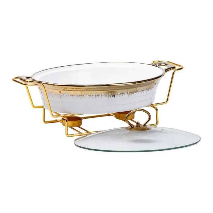 Настольный овальный мармит 1.5 литра настольный с подогревом для 1 и 2 блюд керамический на подставке (HP1026) - изображение 4