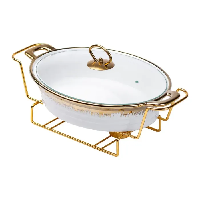 Настольный овальный мармит 1.5 литра настольный с подогревом для 1 и 2 блюд керамический на подставке (HP1026) - изображение 5