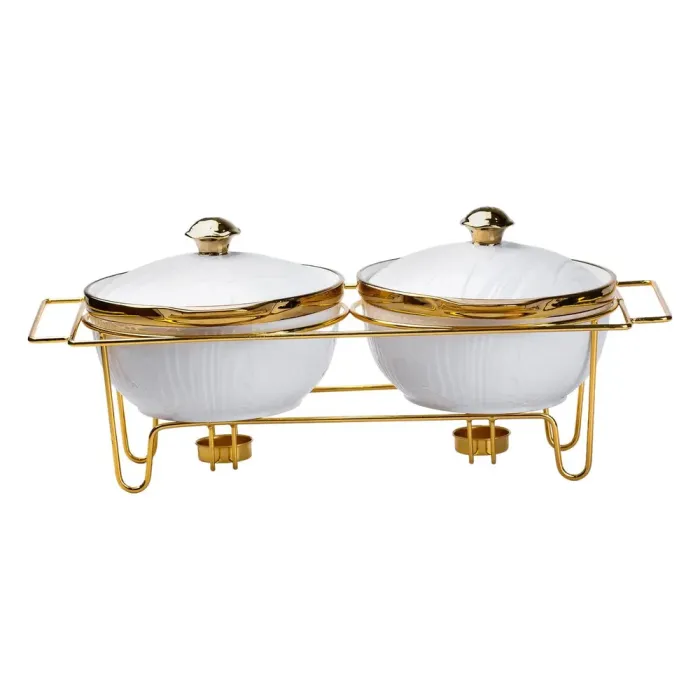 Мармит первых блюд на 2 кастрюли по 1 литру для супов керамические с металлической подставкой с подогревом. (HP1039) - изображение 2