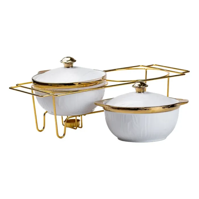 Мармит первых блюд на 2 кастрюли по 1 литру для супов керамические с металлической подставкой с подогревом. (HP1039) - изображение 3