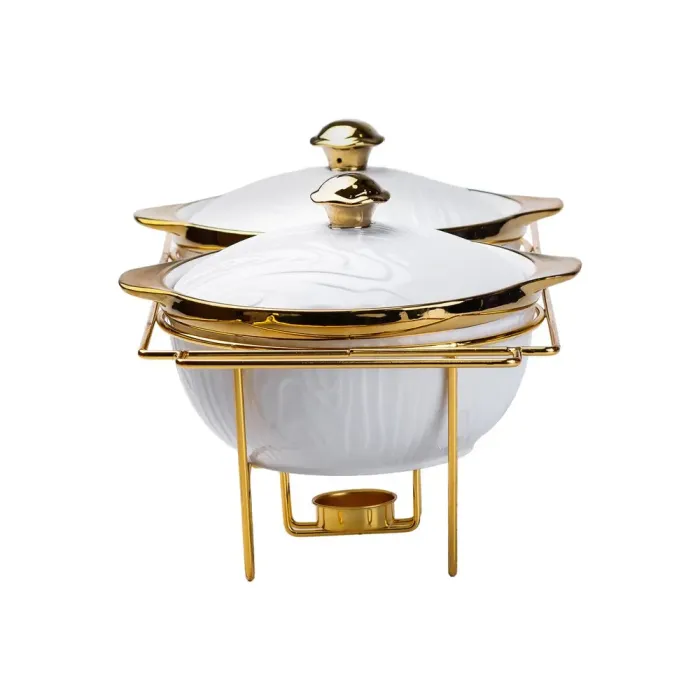 Мармит первых блюд на 2 кастрюли по 1 литру для супов керамические с металлической подставкой с подогревом. (HP1039) - изображение 4