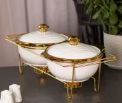 Мармита глубокая круглая 2 шт. по 1.5 л для супов керамические с металлической подставкой с подогревом. (HP1040)