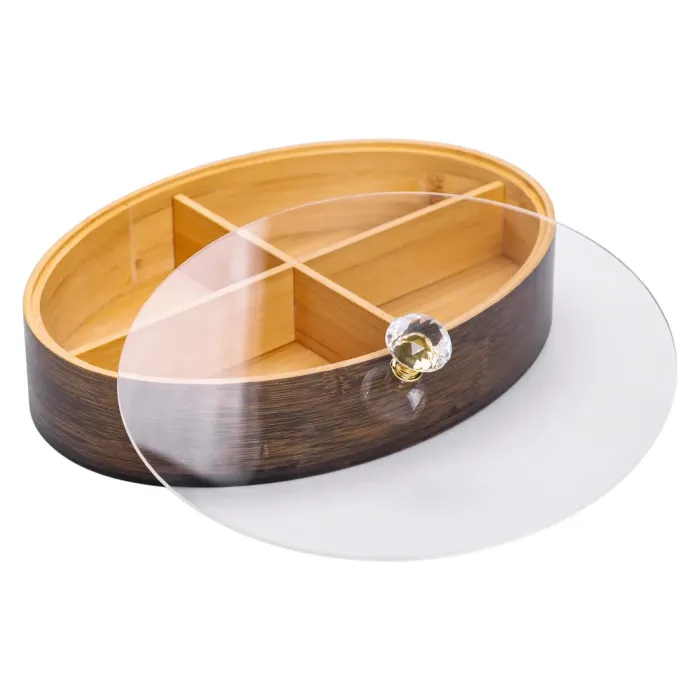 Менажниця дерев'яна на 4 секції зі скляною кришкою для закусок овальна HB-40-8 (HB-40-8) - изображение 2