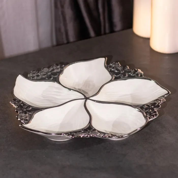 Менажниця для закусок на 5 секцій кругла керамічна Ø 35 см біла з сріблом (HP1006) - зображення 2