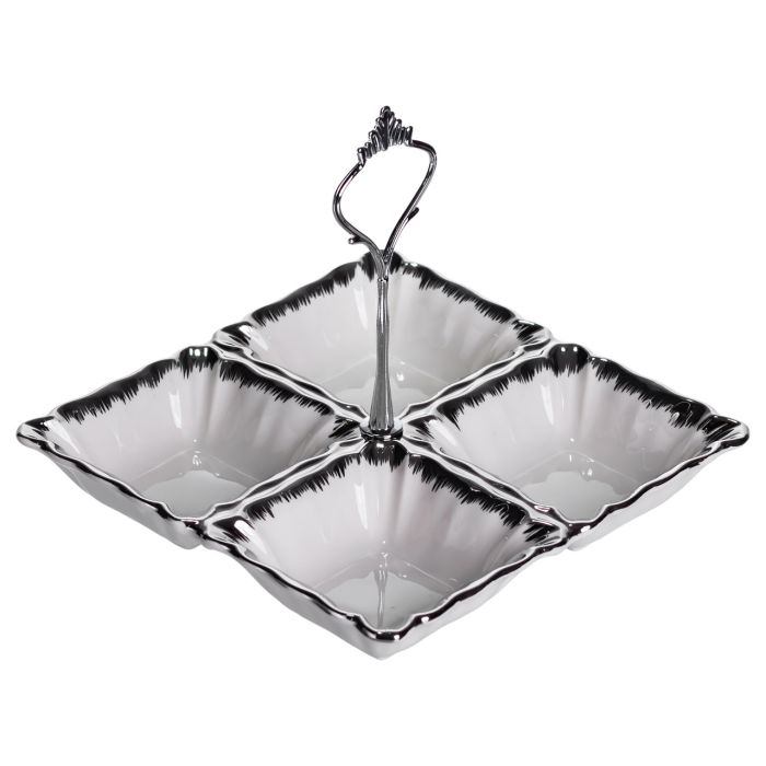 Менажниця порцелянова на 4 секції для закусок 18×18×3 (см) з ручкою Білий з сріблом LC-BYL-100-S (LC-BYL-100-S) - изображение 1