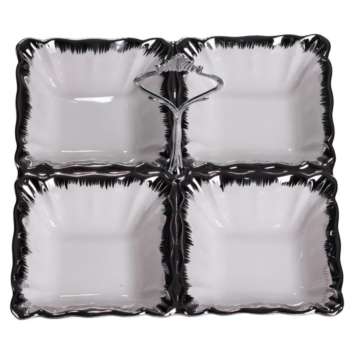 Менажниця порцелянова на 4 секції для закусок 18×18×3 (см) з ручкою Білий з сріблом LC-BYL-100-S (LC-BYL-100-S) - изображение 2