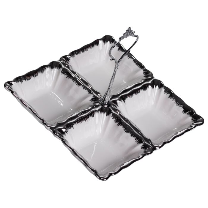 Менажниця порцелянова на 4 секції для закусок 18×18×3 (см) з ручкою Білий з сріблом LC-BYL-100-S (LC-BYL-100-S) - изображение 3