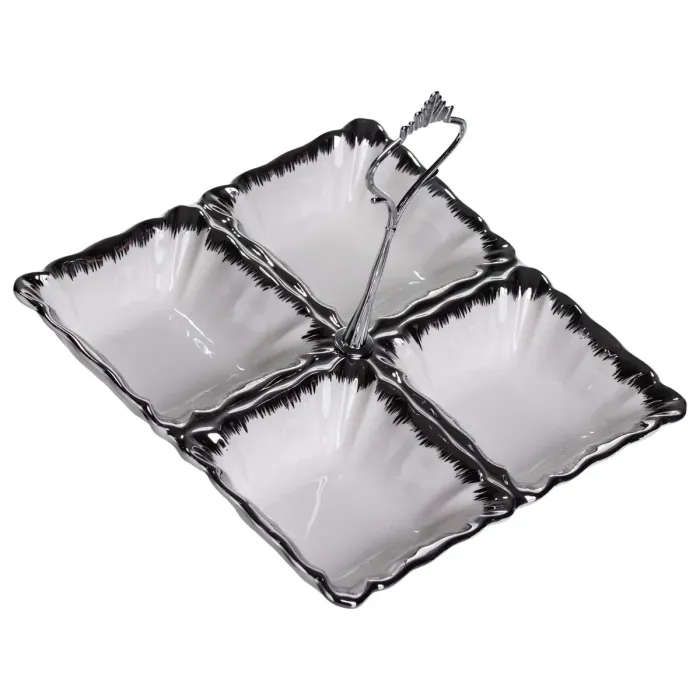 Менажниця порцелянова на 4 секції для закусок 18×18×3 (см) з ручкою Білий з сріблом LC-BYL-100-S (LC-BYL-100-S) - зображення 3