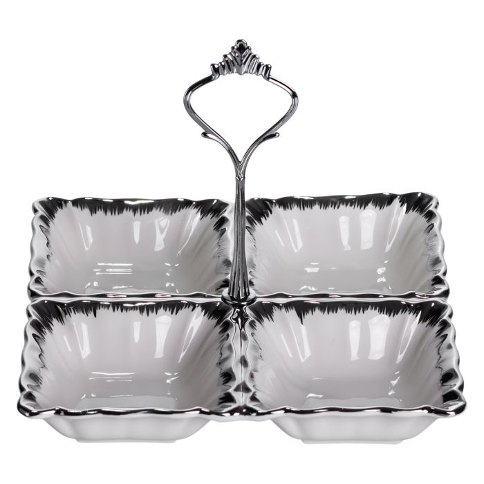 Менажниця порцелянова на 4 секції для закусок 18×18×3 (см) з ручкою Білий з сріблом LC-BYL-100-S (LC-BYL-100-S) - изображение 4