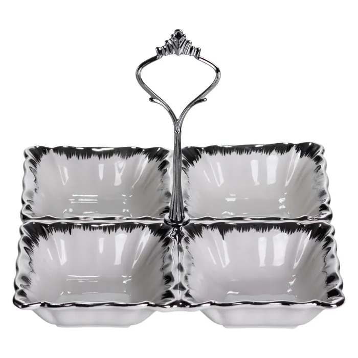 Менажниця порцелянова на 4 секції для закусок 18×18×3 (см) з ручкою Білий з сріблом LC-BYL-100-S (LC-BYL-100-S) - зображення 4