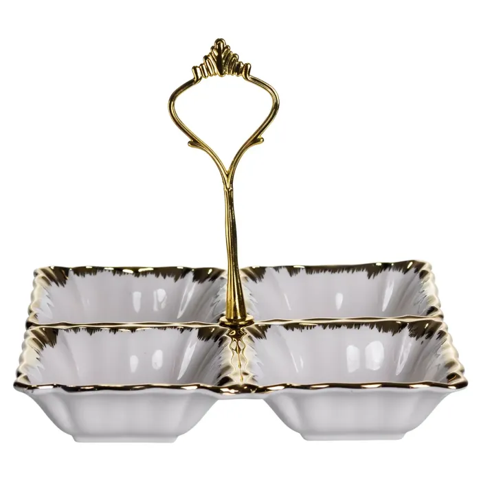 Менажниця порцелянова на 4 секції для закусок тарілка менажниця 18×18×3 (см) менажниця з ручкою Білий з золотом LC-BYL-100 (LC-BYL-100) - зображення 1