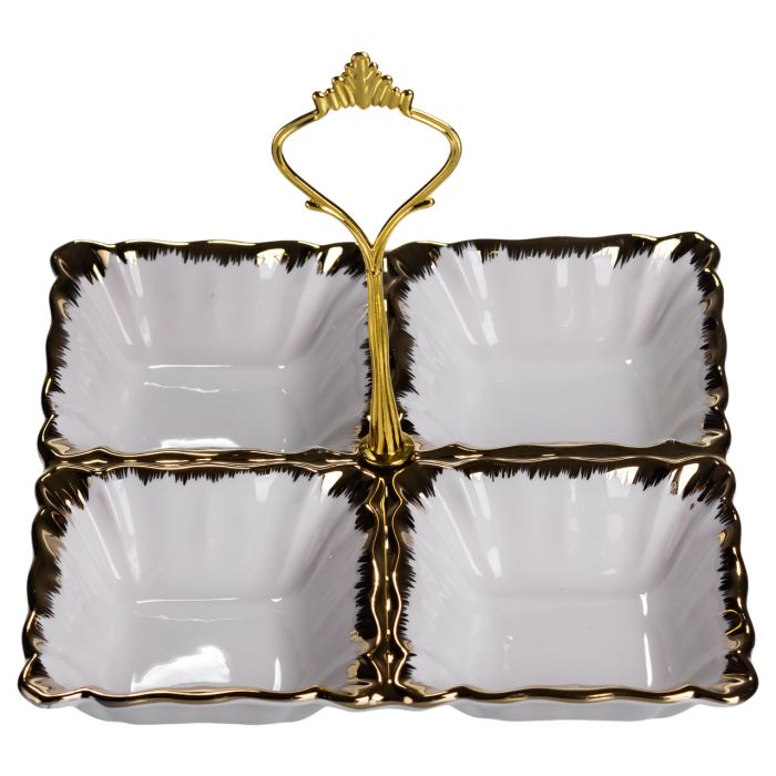 Менажниця порцелянова на 4 секції для закусок тарілка менажниця 18×18×3 (см) менажниця з ручкою Білий з золотом LC-BYL-100 (LC-BYL-100) - изображение 2