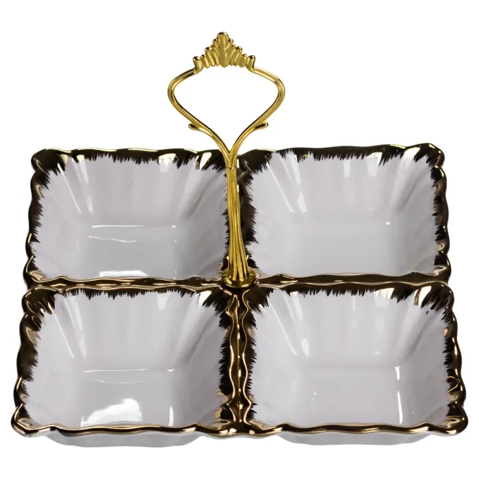 Менажниця порцелянова на 4 секції для закусок тарілка менажниця 18×18×3 (см) менажниця з ручкою Білий з золотом LC-BYL-100 (LC-BYL-100) - зображення 2