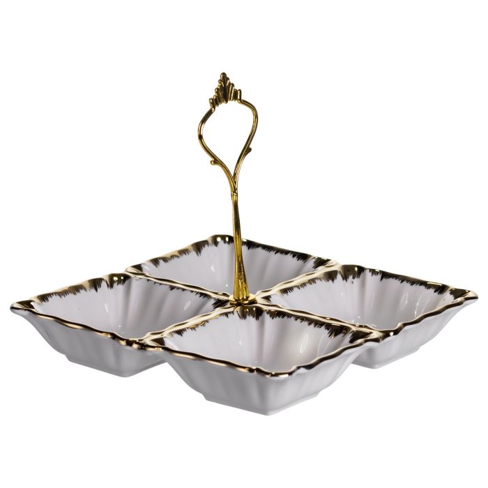 Менажниця порцелянова на 4 секції для закусок тарілка менажниця 18×18×3 (см) менажниця з ручкою Білий з золотом LC-BYL-100 (LC-BYL-100) - изображение 3