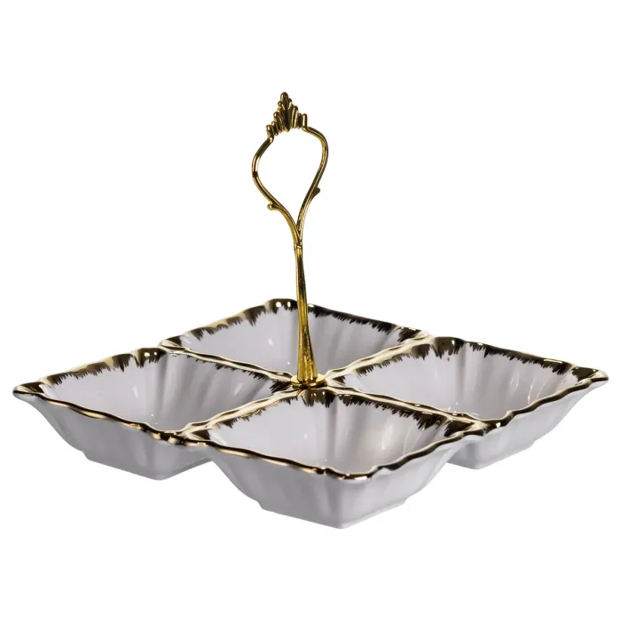 Менажниця порцелянова на 4 секції для закусок тарілка менажниця 18×18×3 (см) менажниця з ручкою Білий з золотом LC-BYL-100 (LC-BYL-100) - зображення 3