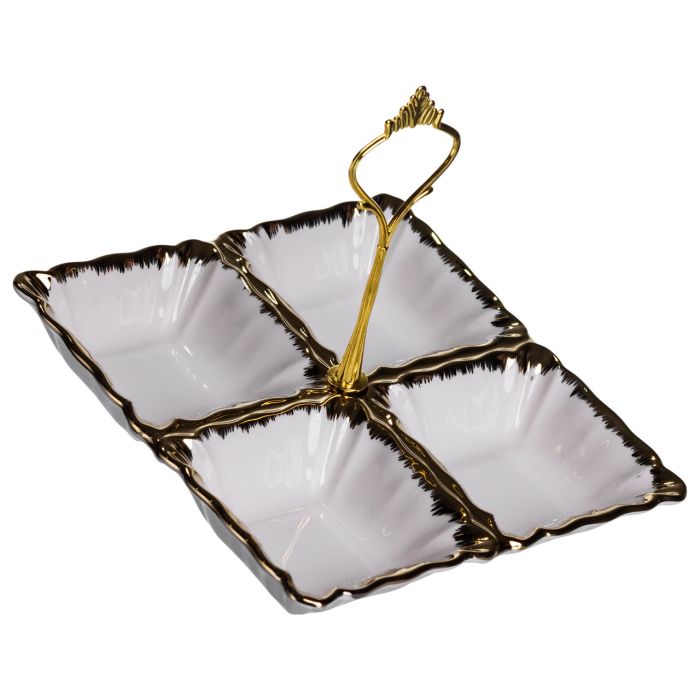 Менажниця порцелянова на 4 секції для закусок тарілка менажниця 18×18×3 (см) менажниця з ручкою Білий з золотом LC-BYL-100 (LC-BYL-100) - изображение 4