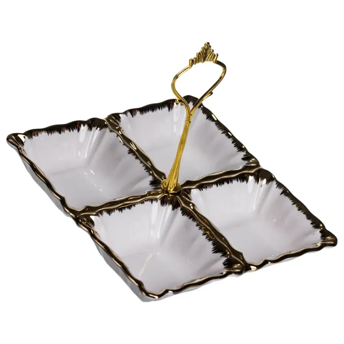 Менажниця порцелянова на 4 секції для закусок тарілка менажниця 18×18×3 (см) менажниця з ручкою Білий з золотом LC-BYL-100 (LC-BYL-100) - зображення 4