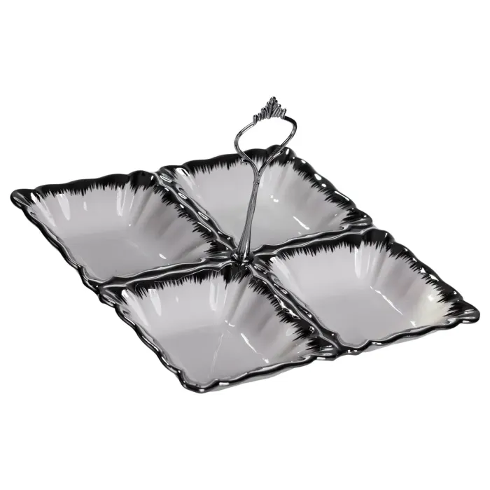 Менажниця порцелянова на 4 секції 22.5×22.5×3 (см) з ручкою Білий зі сріблом LC-BYL-101-S (LC-BYL-101-S) - зображення 1