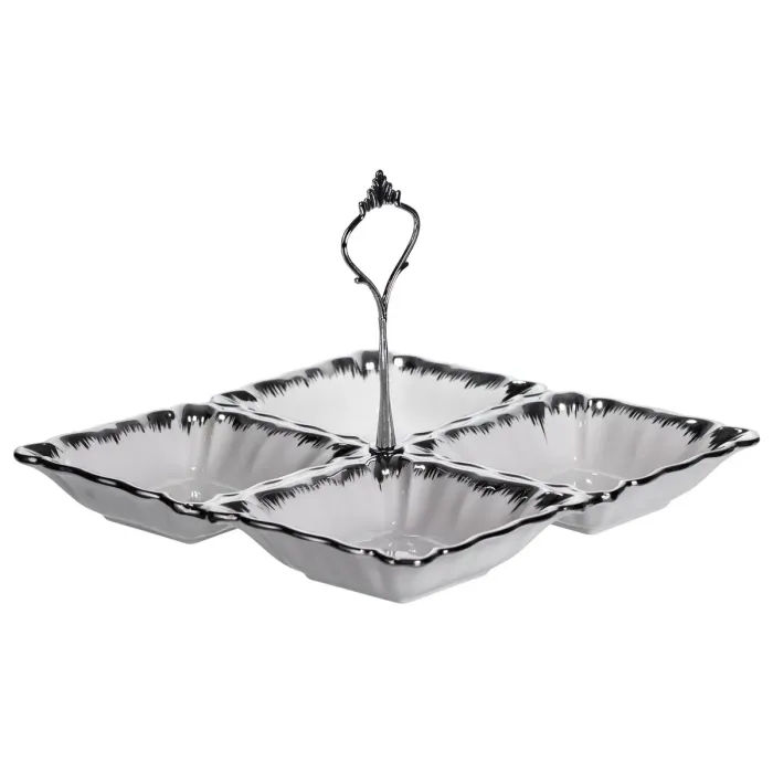 Менажниця порцелянова на 4 секції 22.5×22.5×3 (см) з ручкою Білий зі сріблом LC-BYL-101-S (LC-BYL-101-S) - зображення 2