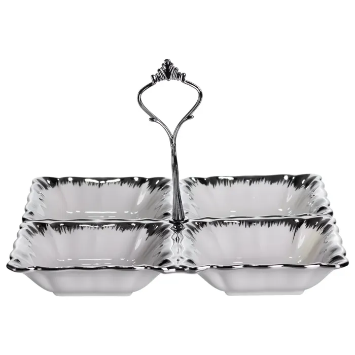 Менажниця порцелянова на 4 секції 22.5×22.5×3 (см) з ручкою Білий зі сріблом LC-BYL-101-S (LC-BYL-101-S) - зображення 4