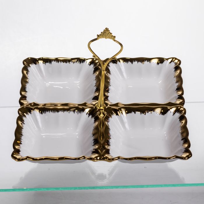 Менажниця порцелянова на 4 секції для закусок тарілка менажниця 22.5×22.5×3 (см) менажниця з ручкою Білий з золотом LC-BYL-101 (LC-BYL-101) - изображение 1