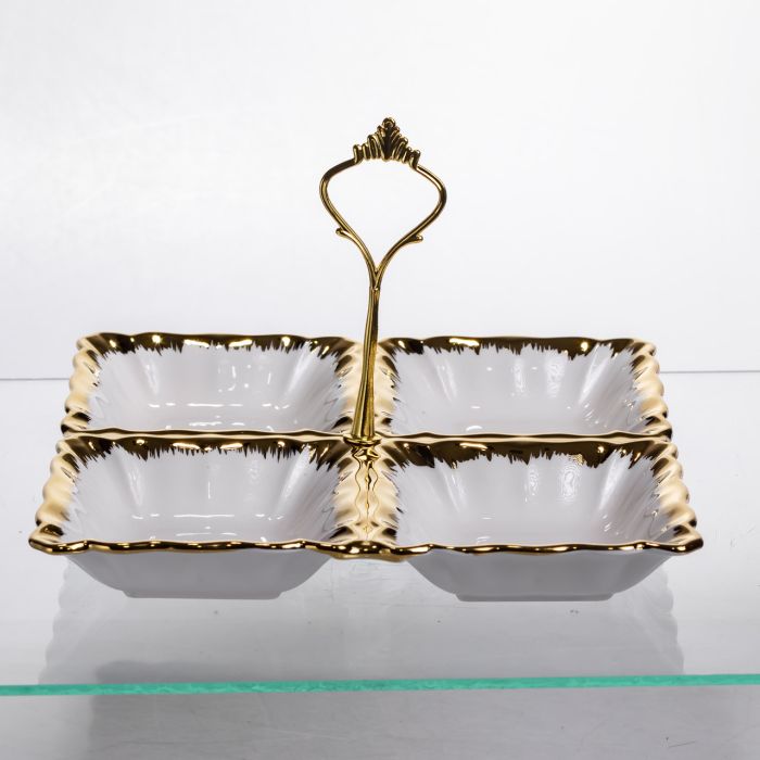 Менажниця порцелянова на 4 секції для закусок тарілка менажниця 22.5×22.5×3 (см) менажниця з ручкою Білий з золотом LC-BYL-101 (LC-BYL-101) - изображение 2